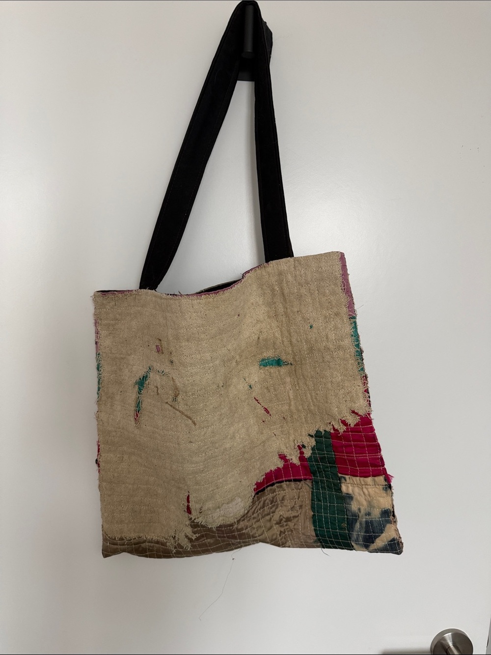Handcrafted Beige Patchwork Tote with Black Straps
